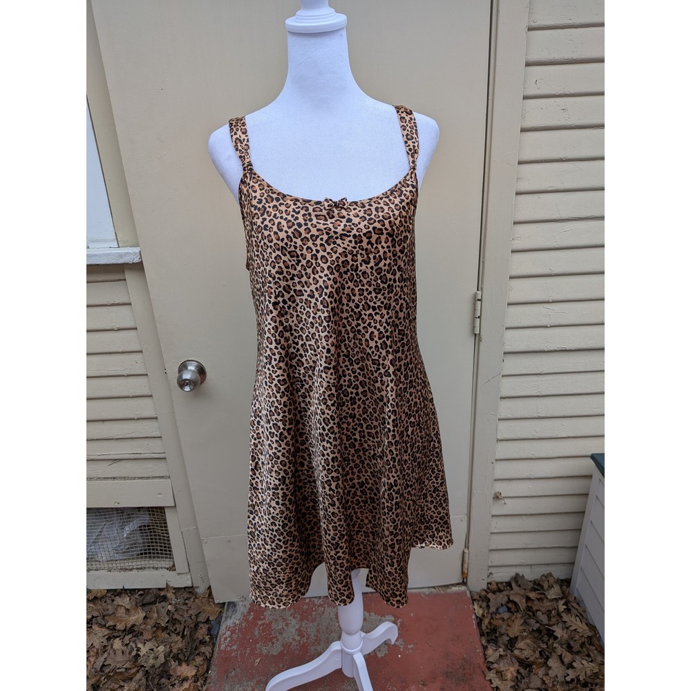 Y2K Vintage Morgan Taylor Intimates Leopard Print Satin Slip‎ Chemise Size Large